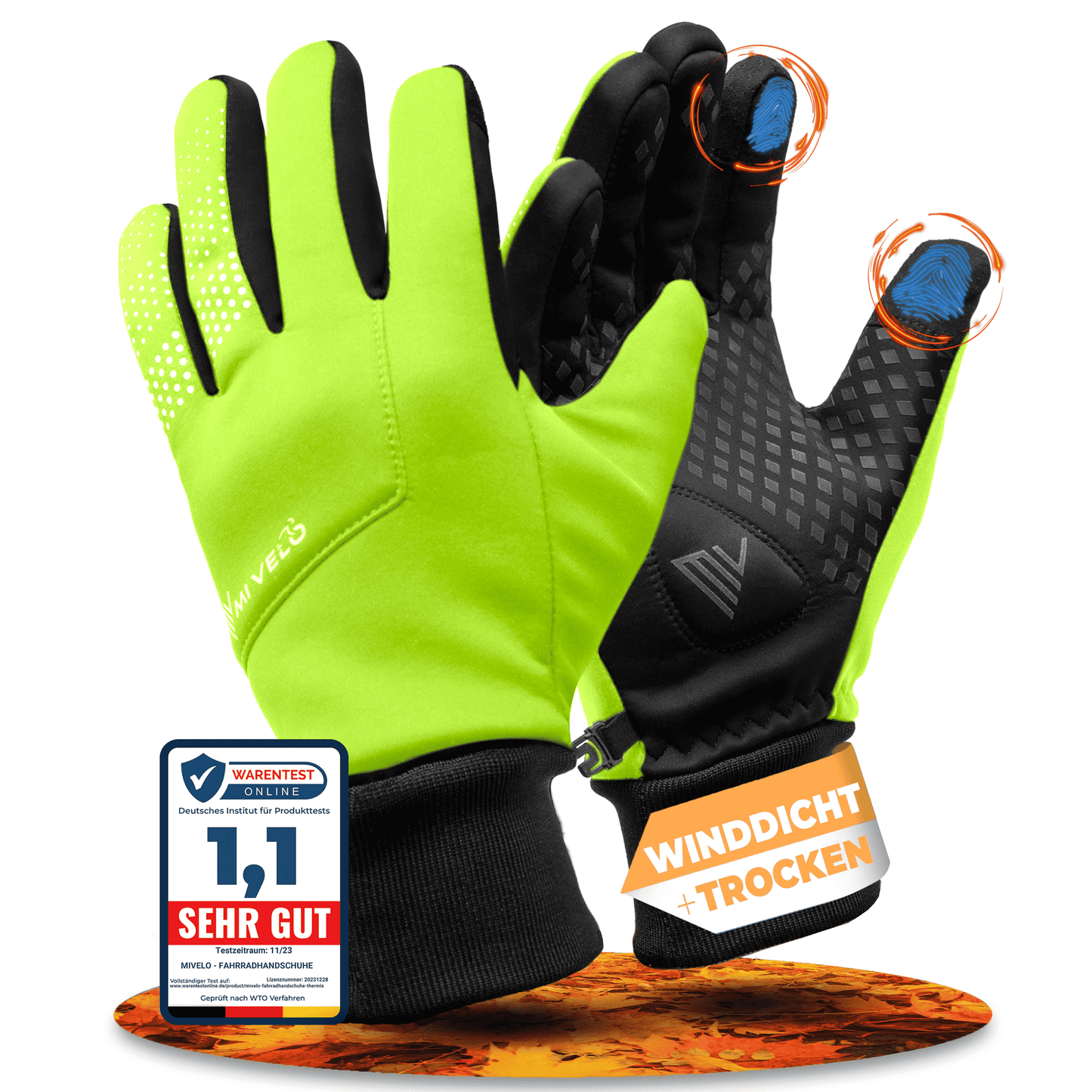 Gants de vélo Mivelo pour l'automne et le printemps - coupe-vent et déperlants - taille S - vert fluo