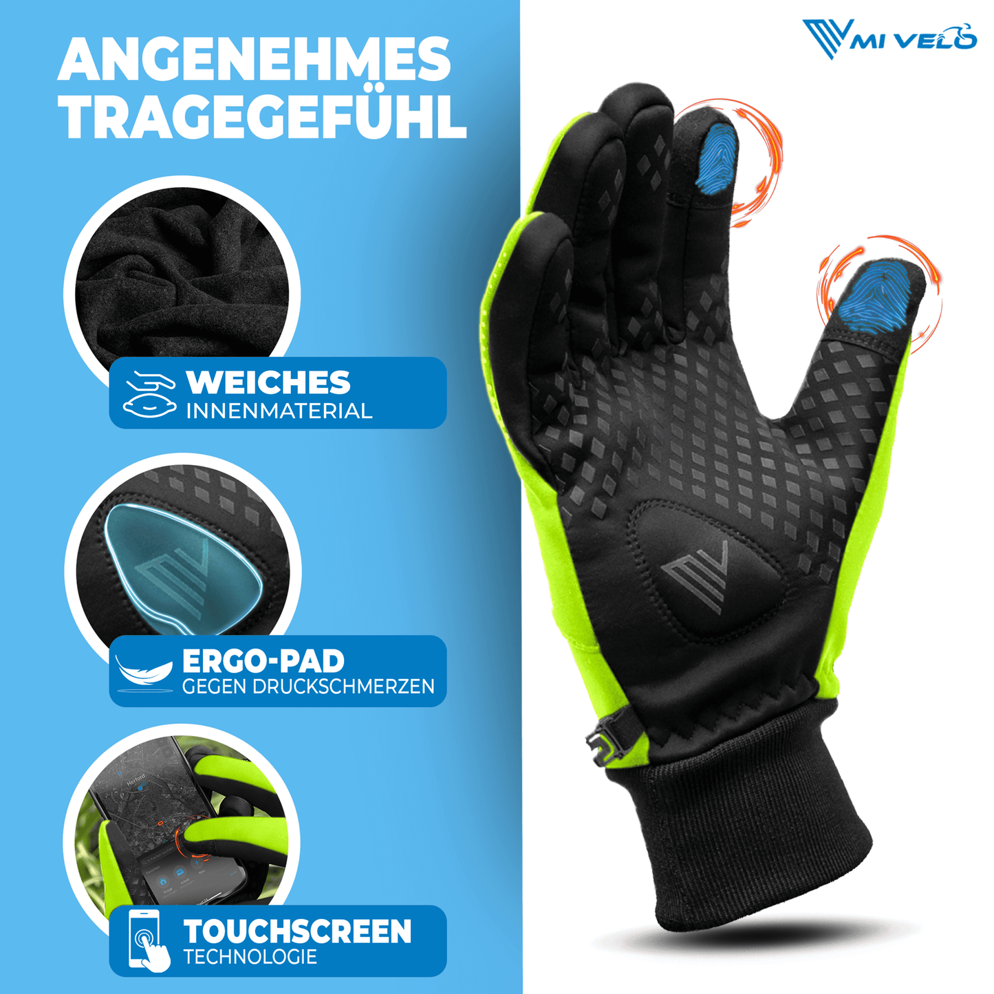 Gants de vélo Mivelo pour l'automne et le printemps - coupe-vent et déperlants - taille S - vert fluo