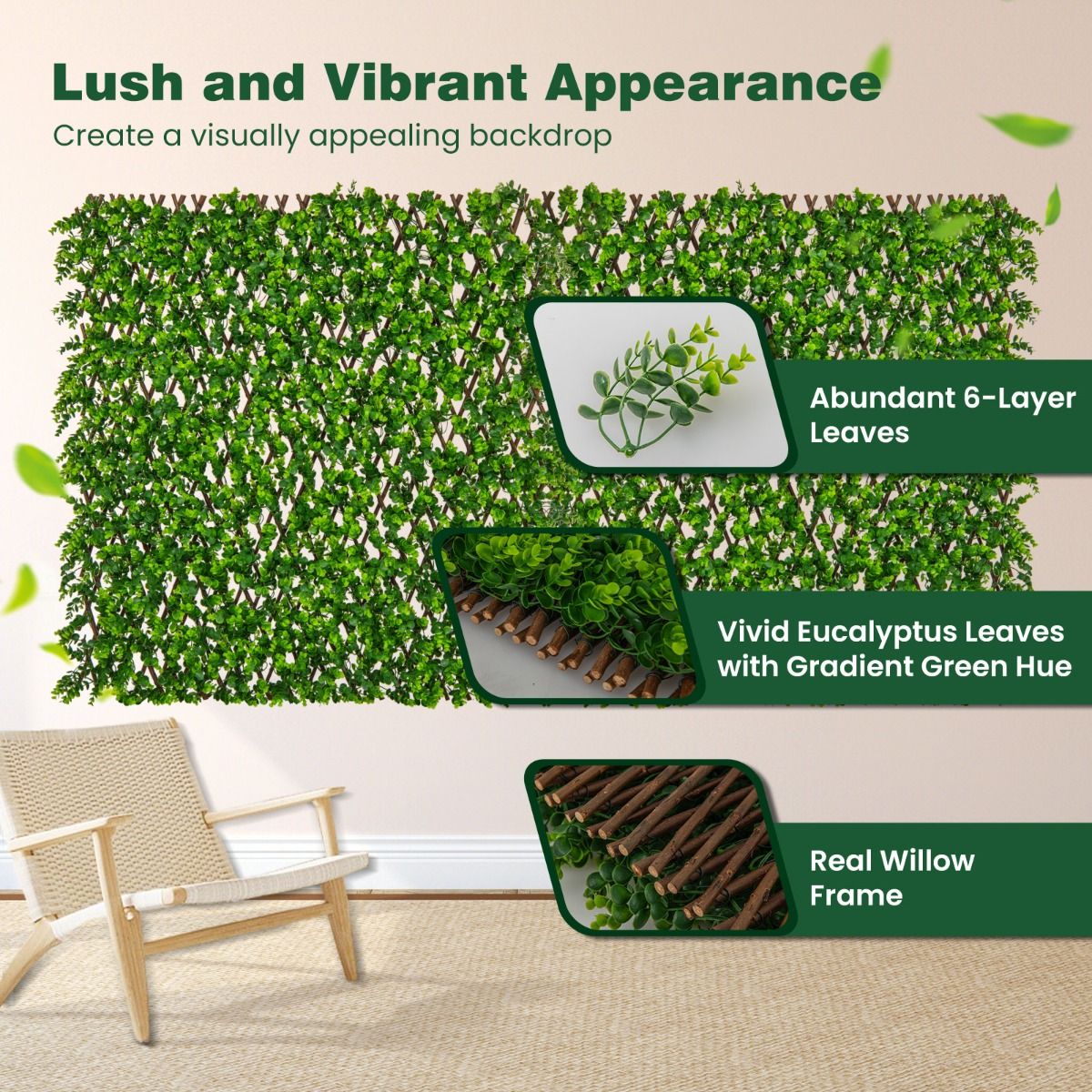 Coast Artificial Ivy Eucalyptus Privacy Screen - 180 x 90 cm - Green - Clôture rétractable pour jardin et balcon en saule et PE