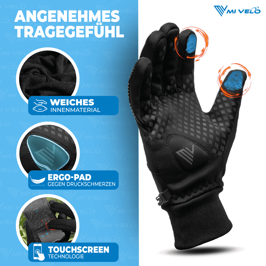 Gants de cyclisme MiVelo - coupe-vent et déperlants - unisexe - noir - M