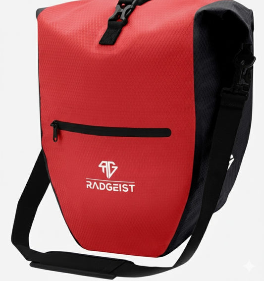 RADGEIST - Sac à bagages Pannier Bag - 28 L - Bâche rouge - Imperméable avec compartiment pour ordinateur portable - Sportif et fonctionnel - Bandoulière et réflecteurs inclus