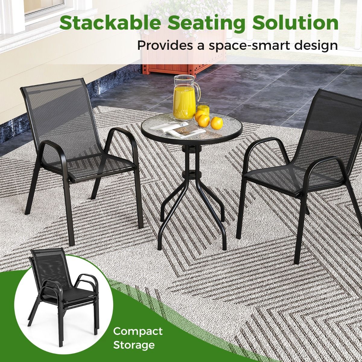 Coast 3-Piece Black Bistro Set for Outdoor - Table Ø60x70 cm avec verre trempé & 2 chaises empilables 56x67x84 cm