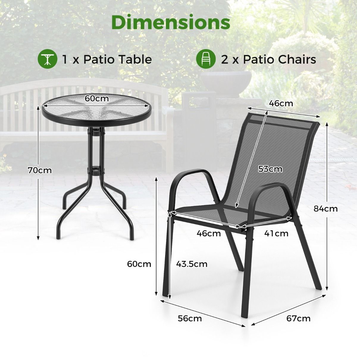 Coast 3-Piece Black Bistro Set for Outdoor - Table Ø60x70 cm avec verre trempé & 2 chaises empilables 56x67x84 cm