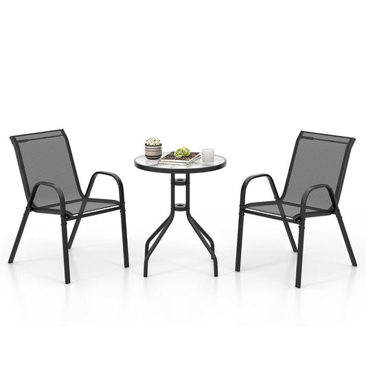 Coast 3-Piece Black Bistro Set for Outdoor - Table Ø60x70 cm avec verre trempé & 2 chaises empilables 56x67x84 cm