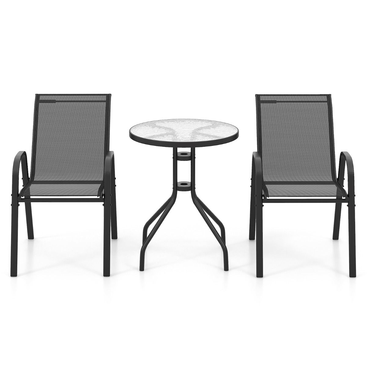 Coast 3-Piece Black Bistro Set for Outdoor - Table Ø60x70 cm avec verre trempé & 2 chaises empilables 56x67x84 cm