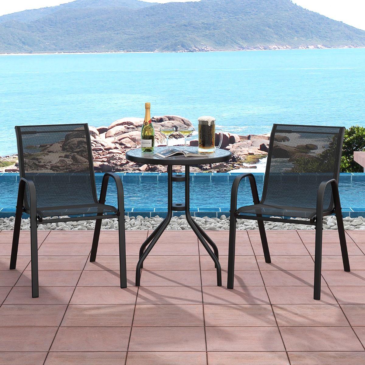 Coast 3-Piece Black Bistro Set for Outdoor - Table Ø60x70 cm avec verre trempé & 2 chaises empilables 56x67x84 cm