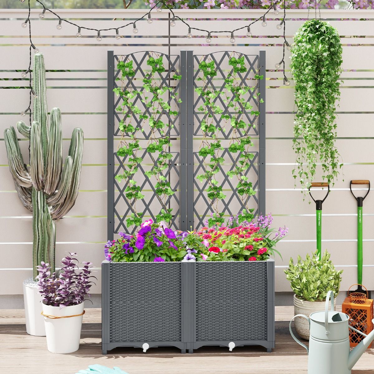 Coast Bac de jardin surélevé avec clôture 80 x 40 x 140 cm - gris, comprend un système d'arrosage automatique pour une croissance optimale des plantes grimpantes