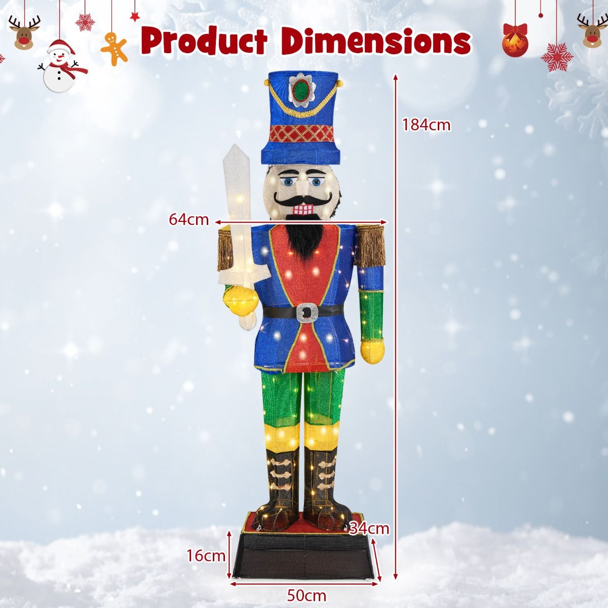 Coast 3D Nutcracker Soldier Christmas decoration 184 cm - avec chapeau et épée - 110 LED Lights - Waterproof - Red/White/Gold