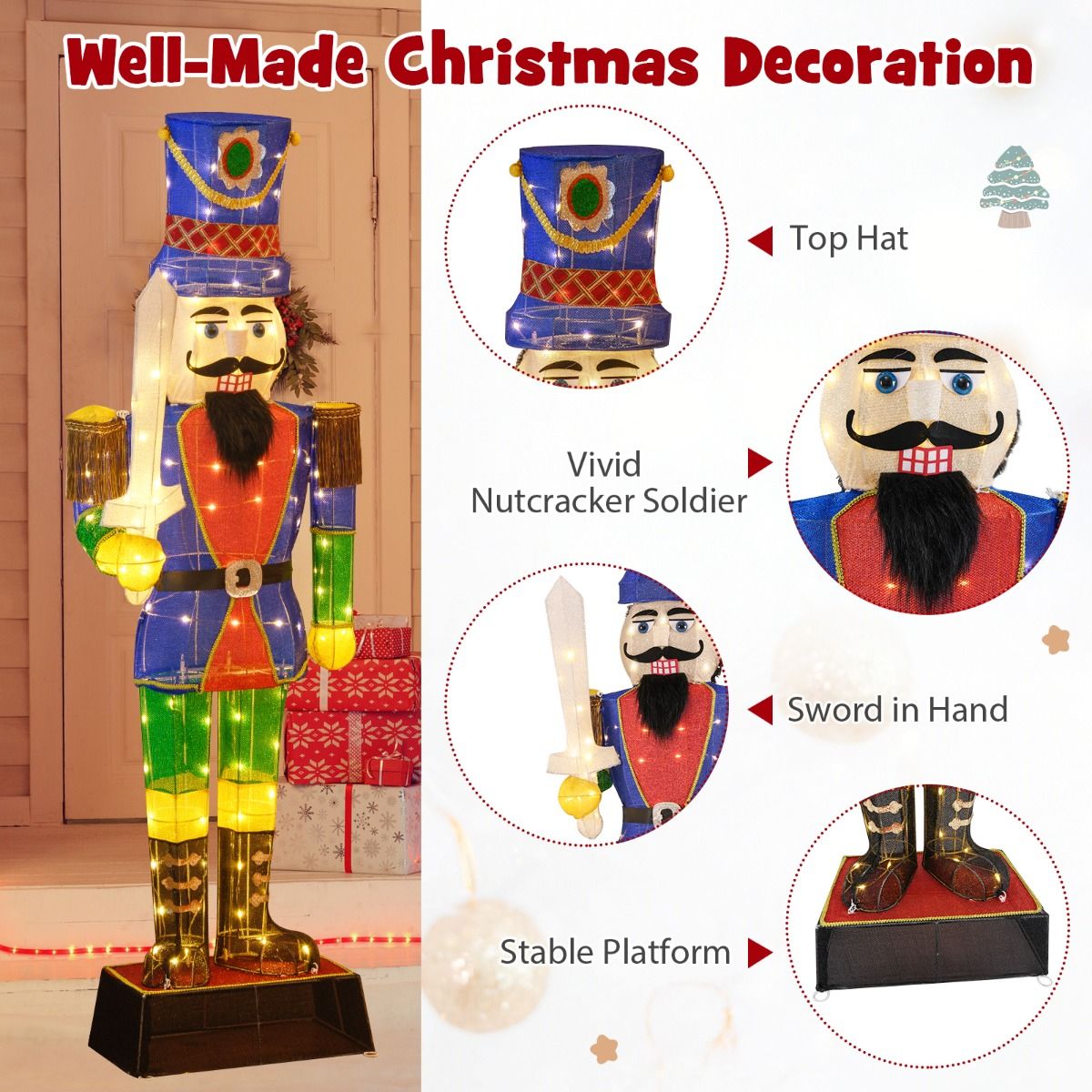 Coast 3D Nutcracker Soldier Christmas decoration 184 cm - avec chapeau et épée - 110 LED Lights - Waterproof - Red/White/Gold