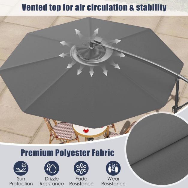 Coast Grand Parasol suspendu mobile - 300x300x250 cm - 40 LEDs et panneau solaire - Gris