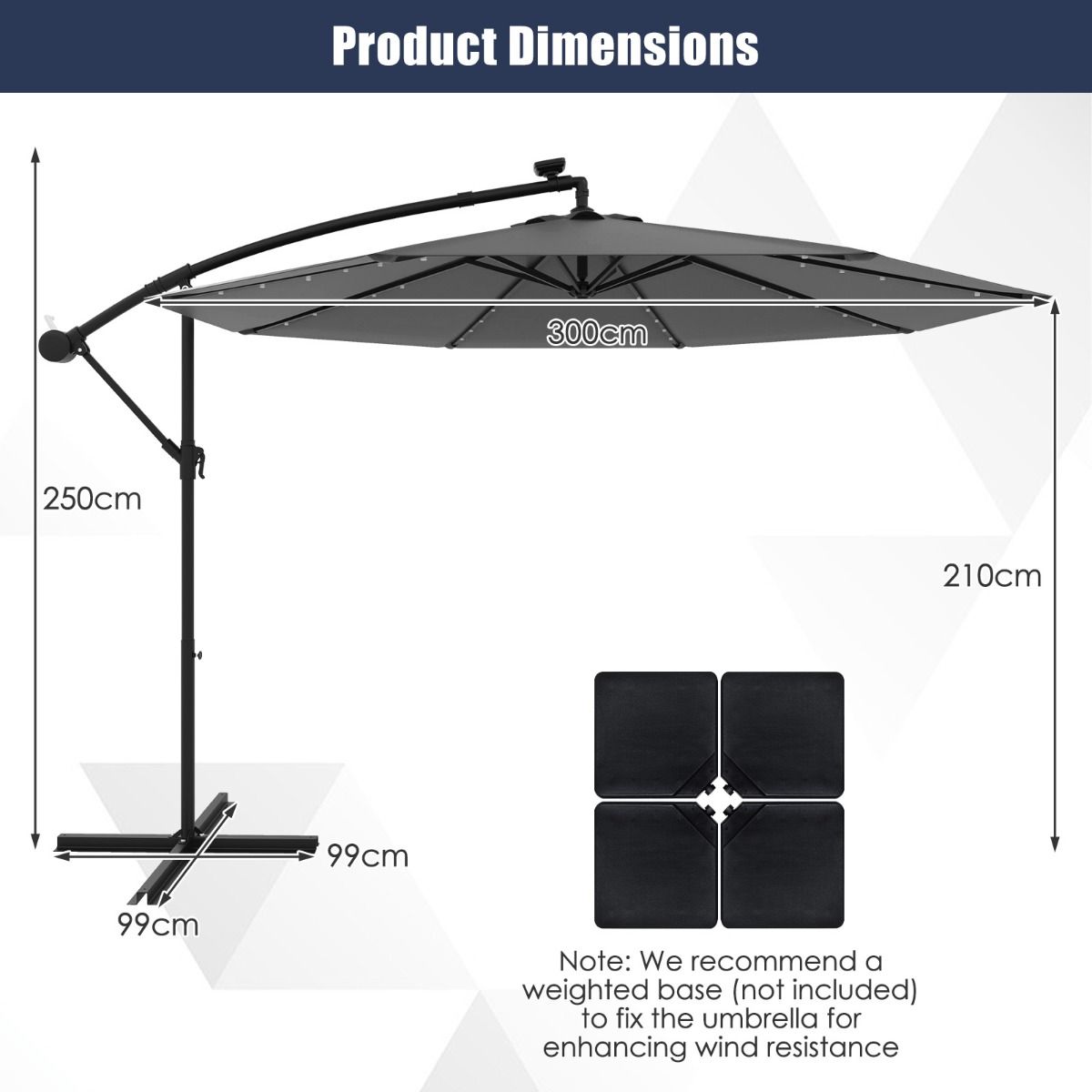 Coast Parasol flottant - Avec éclairage - Ø300 cm - Gris