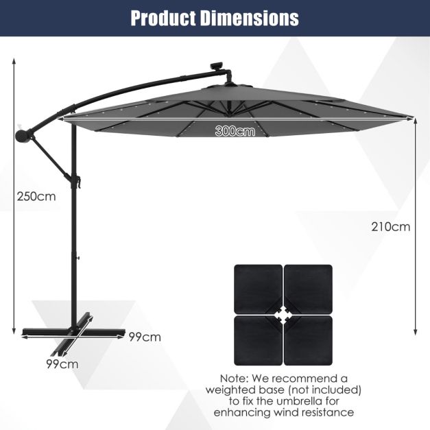 Coast Grand Parasol suspendu mobile - 300x300x250 cm - 40 LEDs et panneau solaire - Gris