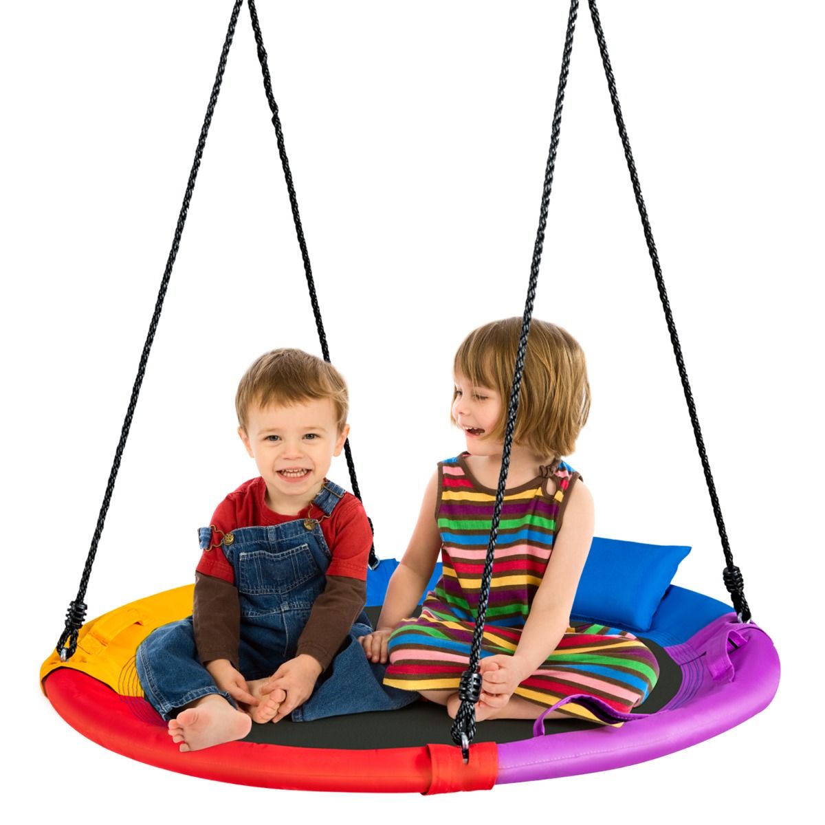 Balançoire côtière Ø100 cm - Colorée - Hauteur réglable 100-180 cm - Coussin et poignées inclus
