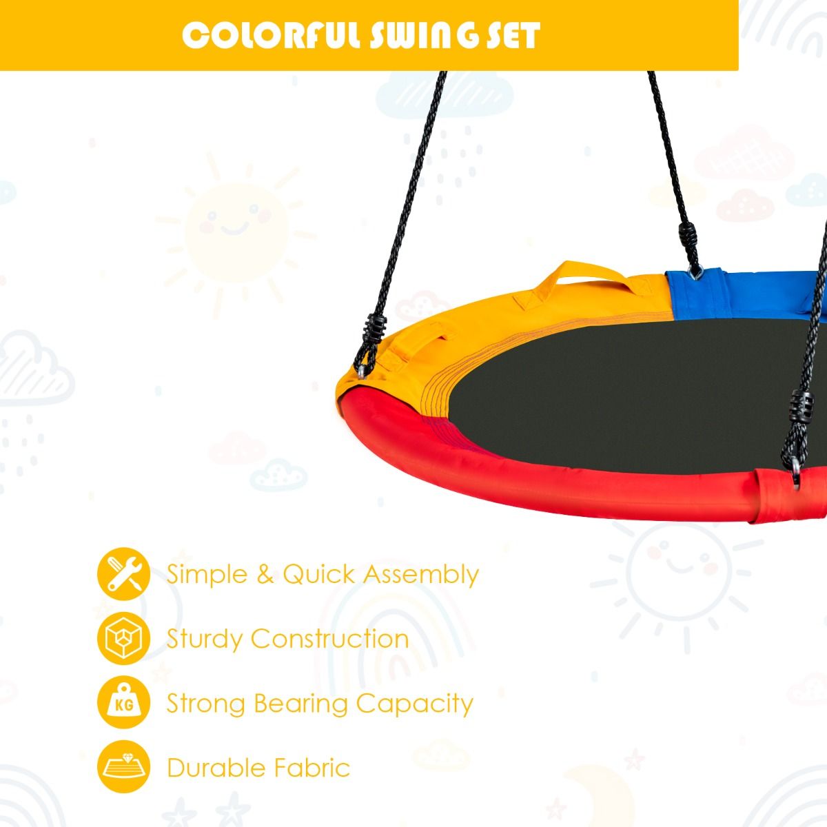 Balançoire côtière Ø100 cm - Colorée - Hauteur réglable 100-180 cm - Coussin et poignées inclus