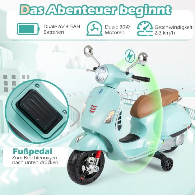 Coast Electric Motocyclette pour enfants verte - Scooter de type Vespa avec lumières LED et klaxon - 75 x 46 x 101 cm