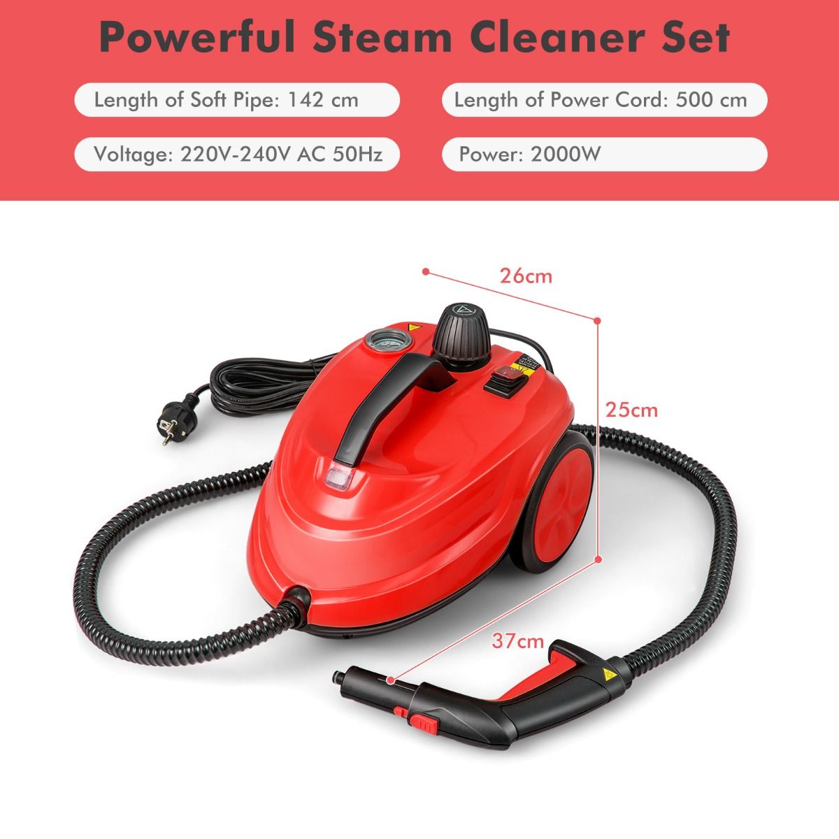 Coast Nettoyeur vapeur portable 2000W Rouge - 37 x 26 x 25 cm - 5 Bar - 1.8 Liter - 15-Pièces