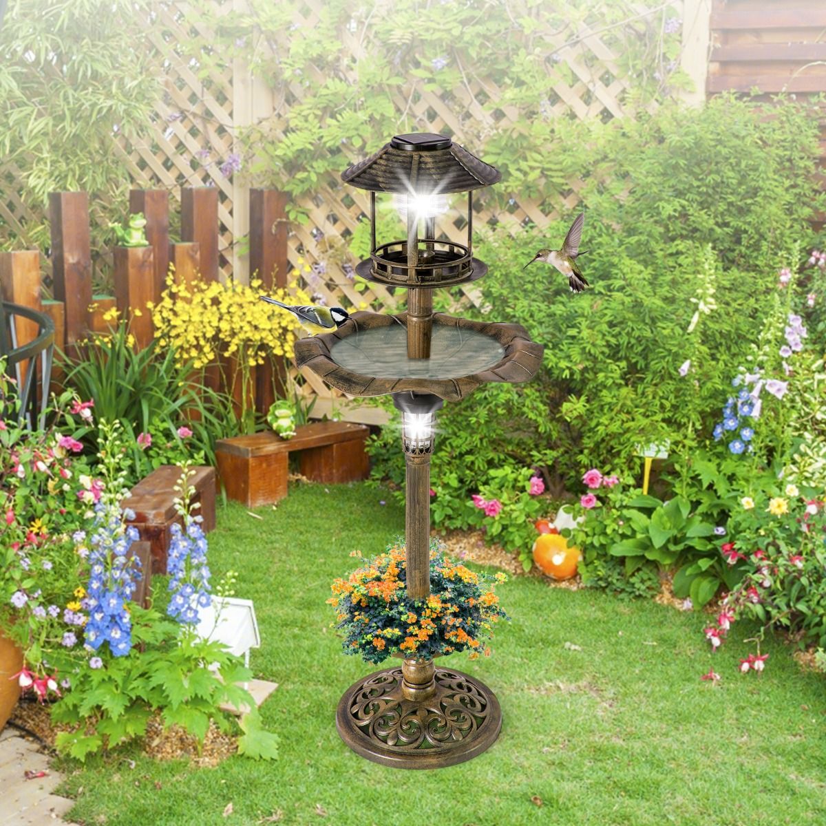 Coast Mangeoire pour oiseaux - Bain d'oiseaux - Avec lumière solaire - Avec support remplissable - Ø43x110cm - Bronze