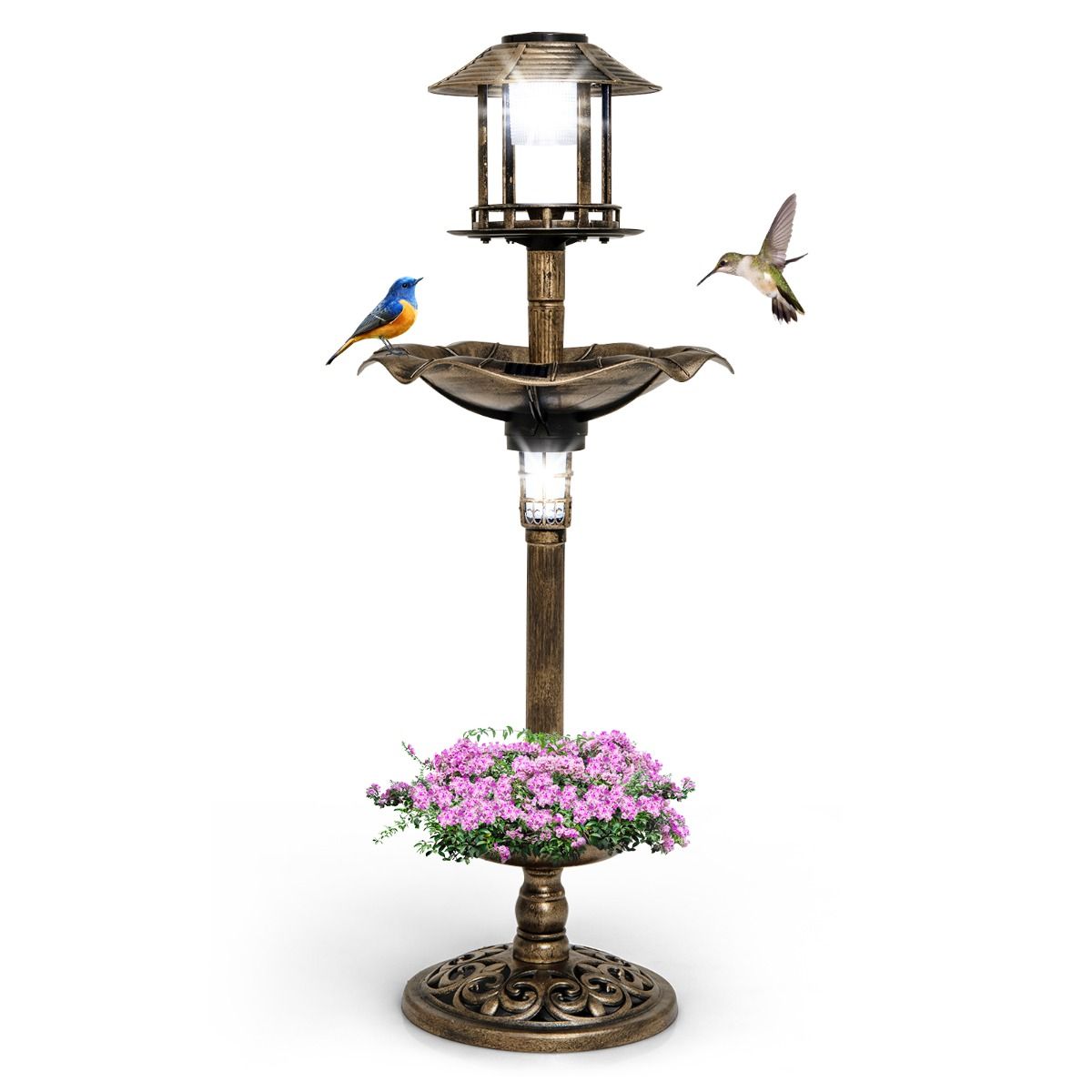 Coast Mangeoire pour oiseaux - Bain d'oiseaux - Avec lumière solaire - Avec support remplissable - Ø43x110cm - Bronze