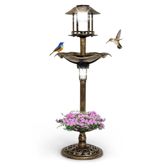 Coast Mangeoire pour oiseaux - Bain d'oiseaux - Avec lumière solaire - Avec support remplissable - Ø43x110cm - Bronze
