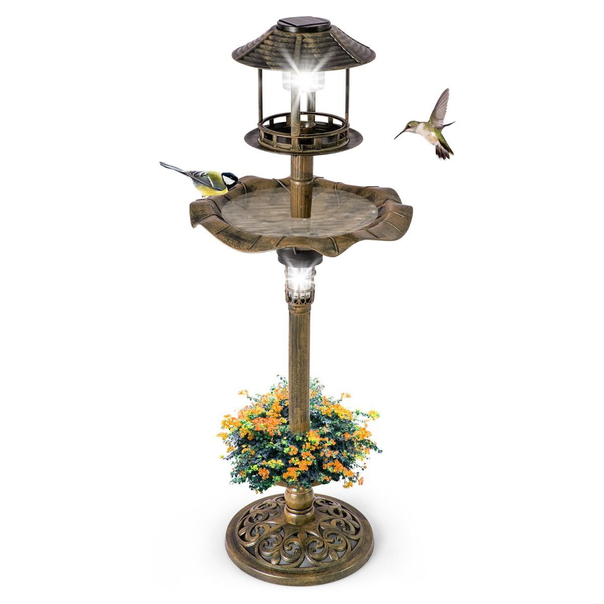 Coast Mangeoire pour oiseaux - Bain d'oiseaux - Avec lumière solaire - Avec support remplissable - Ø43x110cm - Bronze
