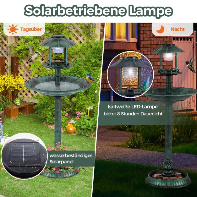 Bain d'oiseaux Coast avec éclairage solaire - Station d'alimentation avec pot de fleurs 51 x 51 x 107 cm - Vert