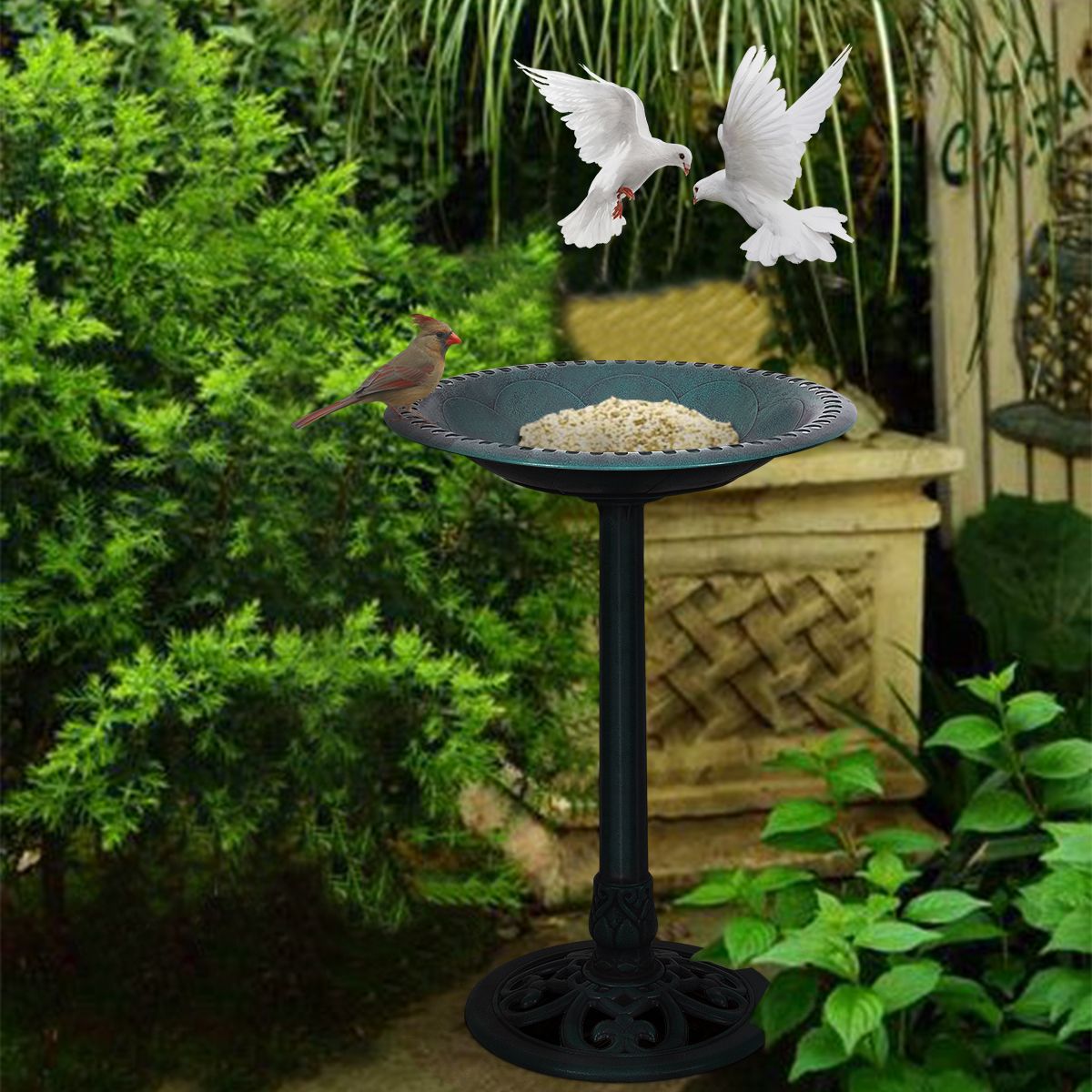 Coast Mangeoire/Bain d'oiseaux - Freestanding, Mangeoire d'oiseaux, Jardin/Terrasse - Ø 51 x 72 cm - PP avec résine - Vert