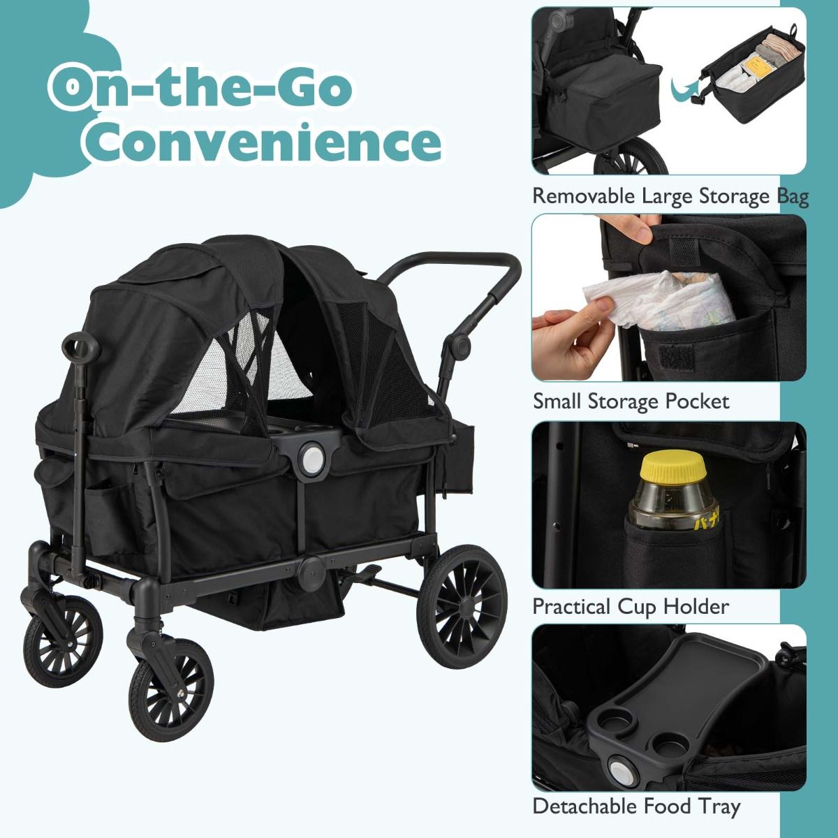 Coast 2-in-1 Twin Trolley pliable Noir - 104 x 57 x 107 cm - Avec poignée réglable et capuche amovible