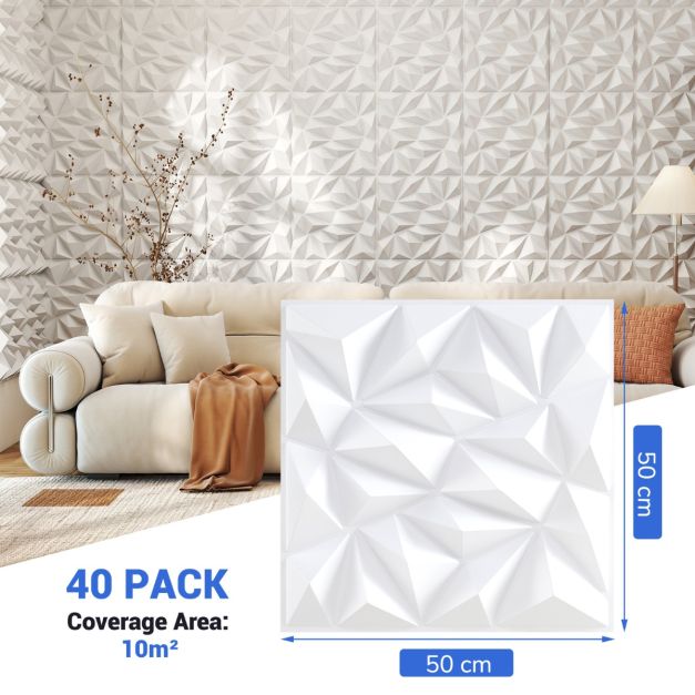 Coast 3D Wall Panels - Diamond Design - 40 Pieces - 50 x 50 cm - White