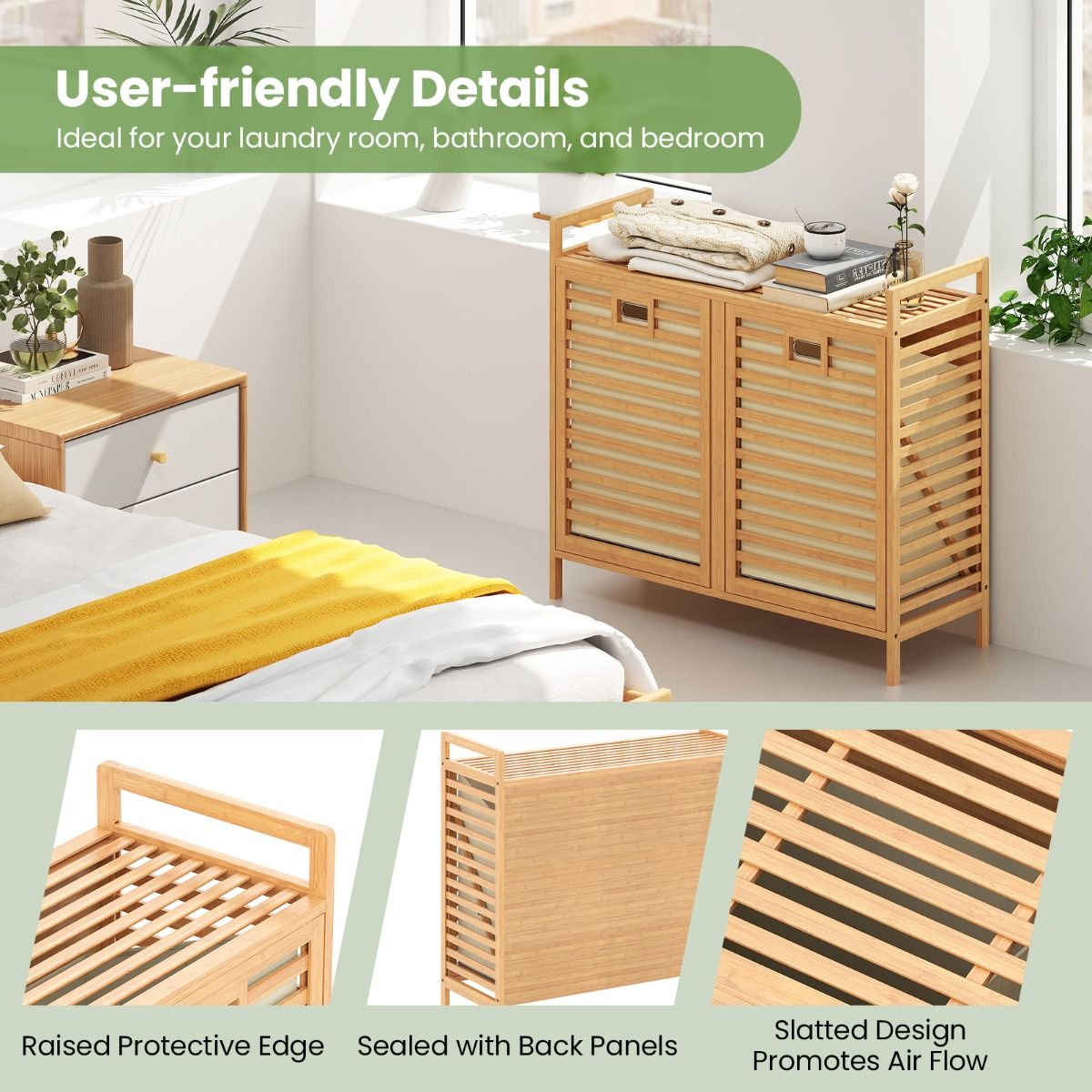 Coast Double Swivel Bamboo Laundry Basket - 80x30x72 cm - Natural - With 2 Removable Fabric Baskets - 75 Liter