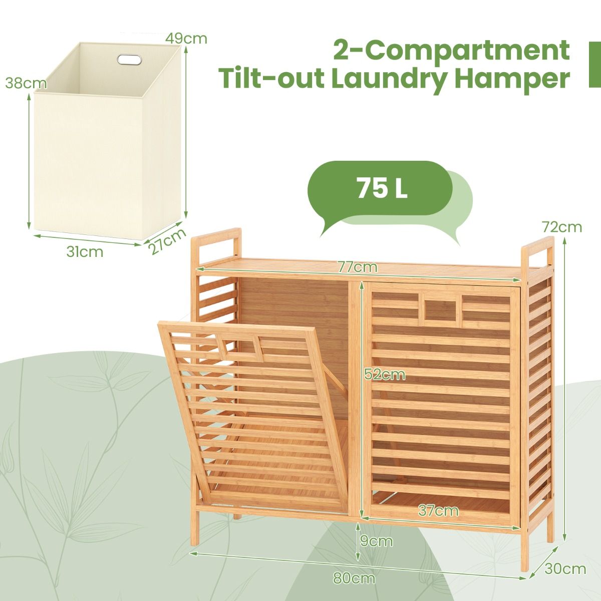 Coast Double Swivel Bamboo Laundry Basket - 80x30x72 cm - Natural - With 2 Removable Fabric Baskets - 75 Liter