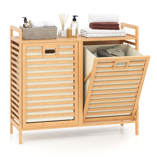 Coast Double Swivel Bamboo Laundry Basket - 80x30x72 cm - Natural - With 2 Removable Fabric Baskets - 75 Liter