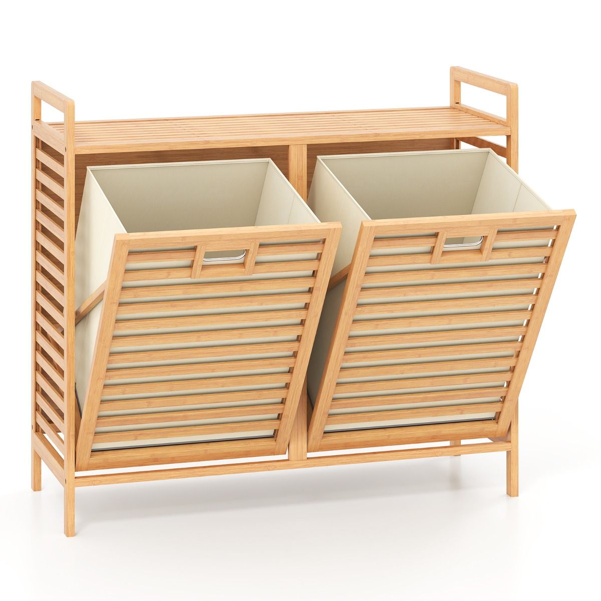 Coast Double Swivel Bamboo Laundry Basket - 80x30x72 cm - Natural - With 2 Removable Fabric Baskets - 75 Liter