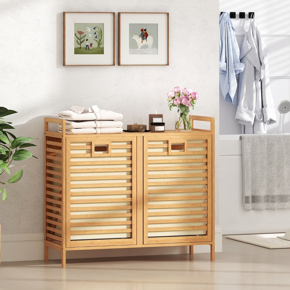 Coast Double Swivel Bamboo Laundry Basket - 80x30x72 cm - Natural - With 2 Removable Fabric Baskets - 75 Liter