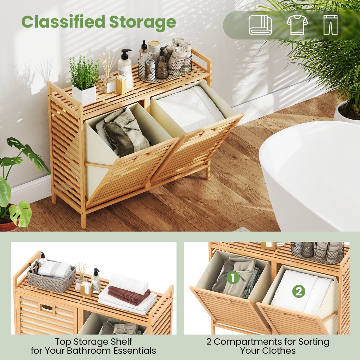 Coast Double Swivel Bamboo Laundry Basket - 80x30x72 cm - Natural - With 2 Removable Fabric Baskets - 75 Liter