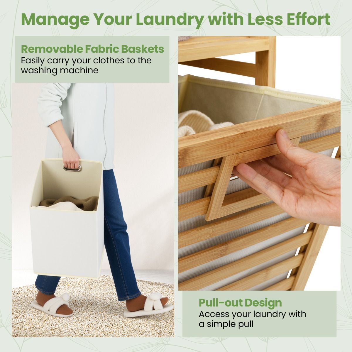 Coast Double Swivel Bamboo Laundry Basket - 80x30x72 cm - Natural - With 2 Removable Fabric Baskets - 75 Liter