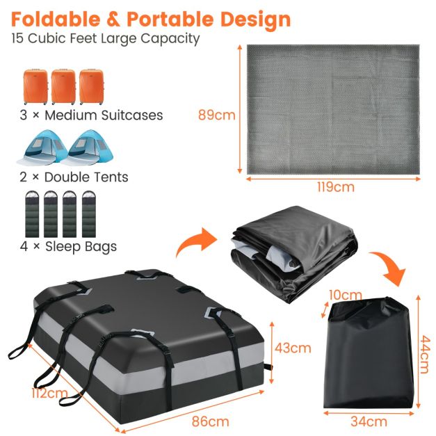 Coast Coffre de toit - PVC - 424L - Antidérapant - Serrure à combinaison incluse - 112 x 86 x 43cm - Noir