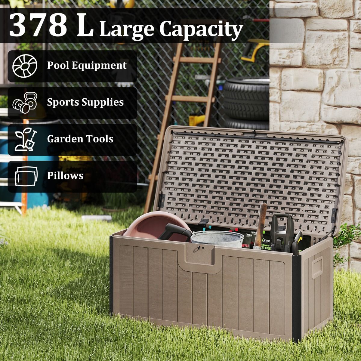 coast Garden Box 378 L - 130x64x59 cm - Boîte à coussins imperméable avec couvercle verrouillable - Marron