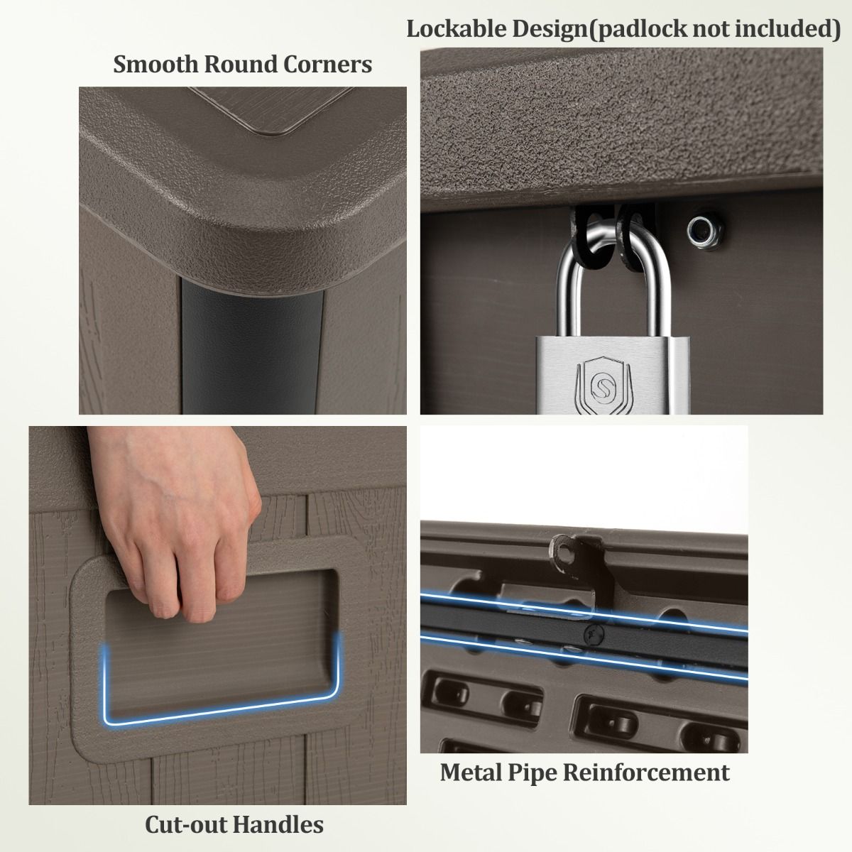 coast Garden Box 378 L - 130x64x59 cm - Boîte à coussins imperméable avec couvercle verrouillable - Marron