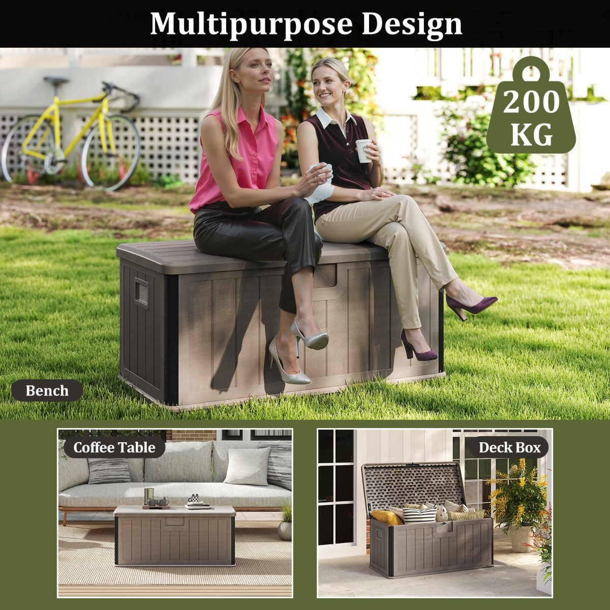 coast Garden Box 378 L - 130x64x59 cm - Boîte à coussins imperméable avec couvercle verrouillable - Marron