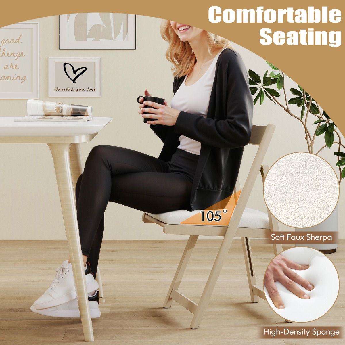 Coast Wooden Folding Chairs 2-Piece Set Beige - 49 x 57.5 x 87 cm - rembourré avec coussin - sans accoudoirs - empilable