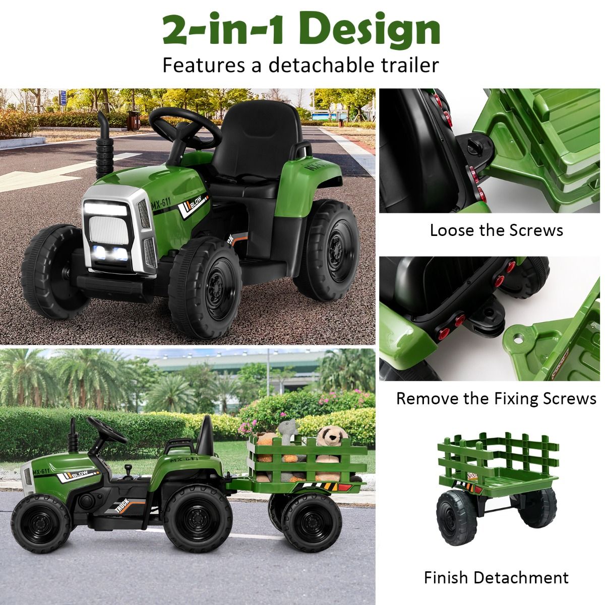 Coast 12V Tracteur pour enfants avec remorque Vert - 135 x 51 x 53 cm - Télécommande - LED - Musique - Bluetooth