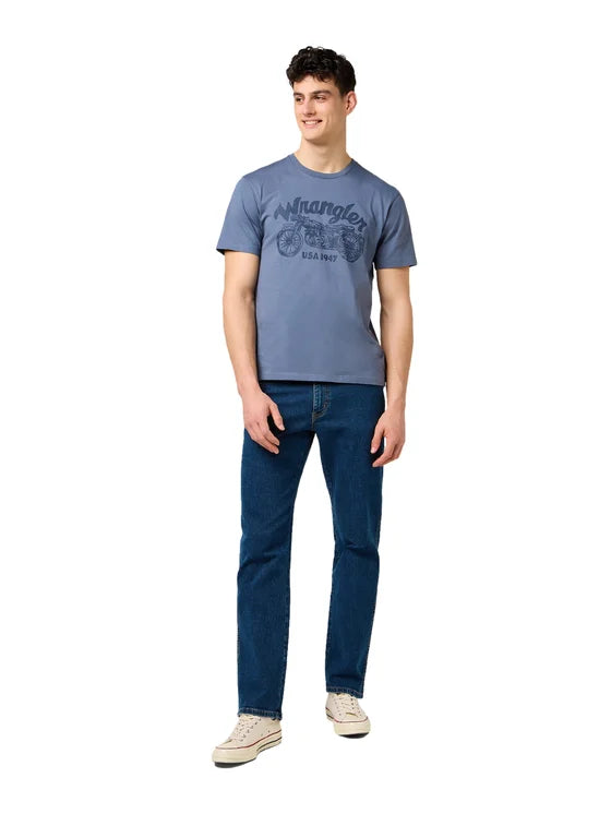 T-shirt Homme Americana Tee Wrangler - 100% coton - Imprimé moto vintage - Taille M - bleu-gris