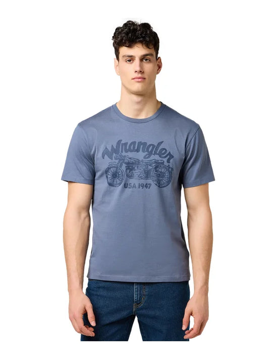 T-shirt Homme Americana Tee Wrangler - 100% coton - Imprimé moto vintage - Taille M - bleu-gris