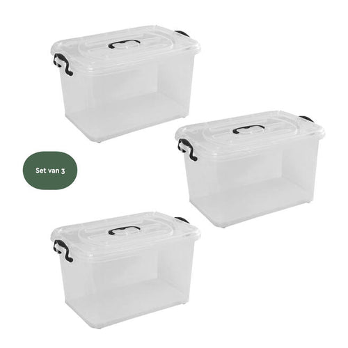 BRASQ Boîte de rangement Lot de 3 - 70 litres - 62,5x45x38,5 cm - Transparente avec poignées et roulettes noires