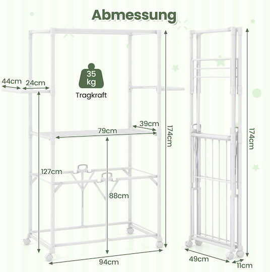 Coast Drying Rack Silver - Panier à linge pliable en aluminium avec roulettes et étagère amovible - 94 x 54 x 174 cm