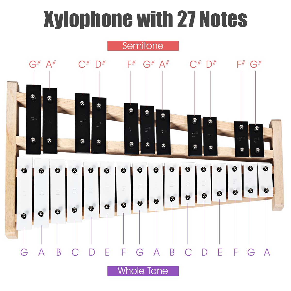 Coast Xylophone 27 Notes - Carillons avec sac de transport et 2 marteaux - 43.5 x 24 x 4 cm - Noir/Blanc
