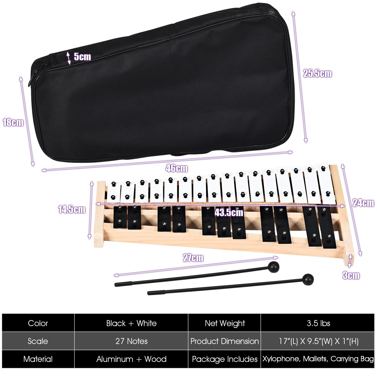 Coast Xylophone 27 Notes - Carillons avec sac de transport et 2 marteaux - 43.5 x 24 x 4 cm - Noir/Blanc