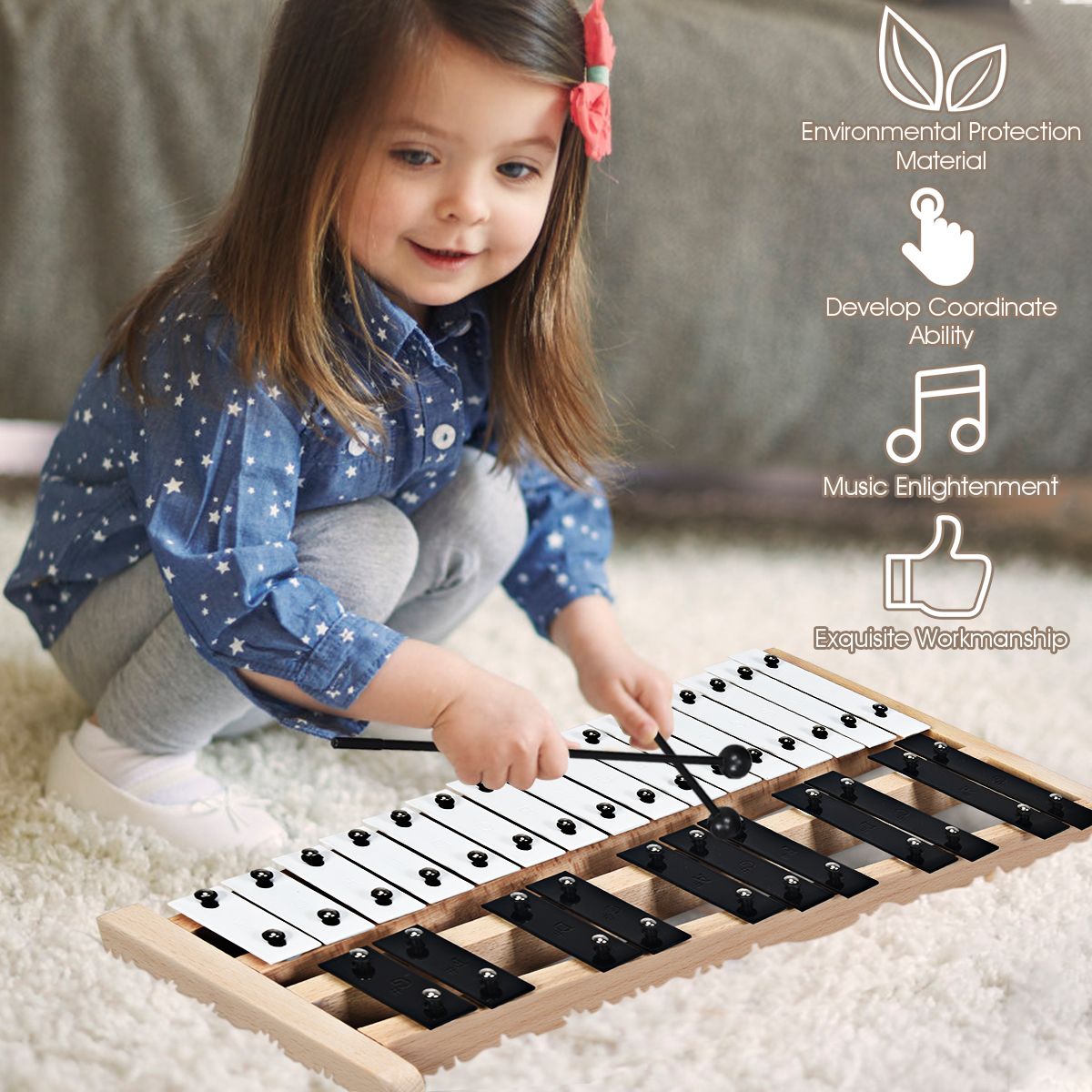 Coast Xylophone 27 Notes - Carillons avec sac de transport et 2 marteaux - 43.5 x 24 x 4 cm - Noir/Blanc