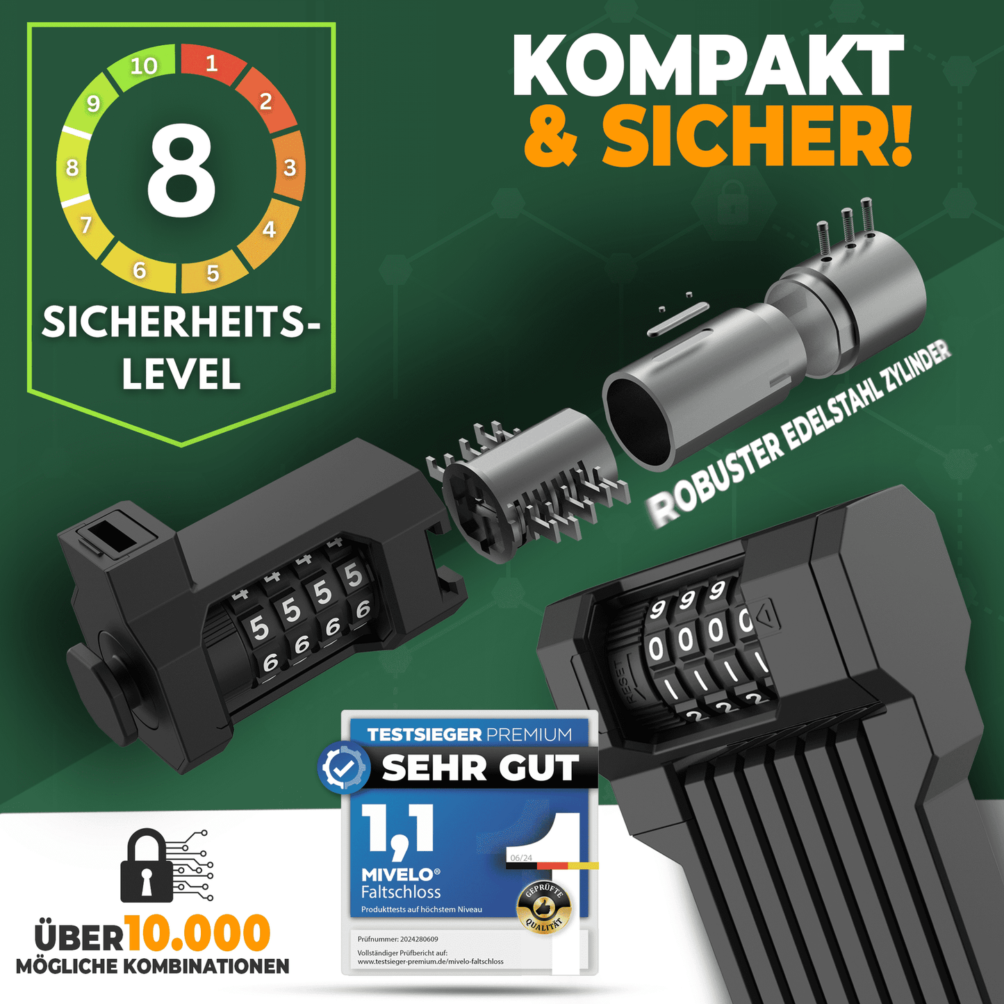 MIVELO - Serrure pliante avec code à combinaison - 85 cm de long - Niveau de sécurité 08/10 - Acier au carbone - Noir