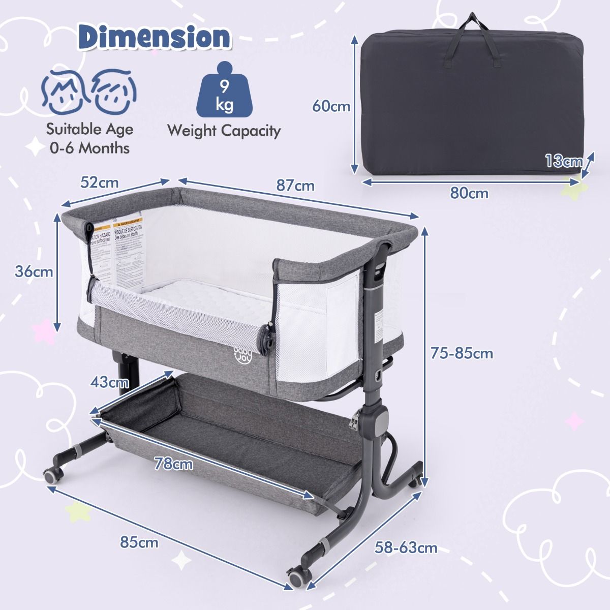 Coast 3-in-1 Baby Bed - Dark Grey - 87 x 63 x 85 cm - Couchette avec matelas - 6 fois ajustable - pliable avec panier de rangement
